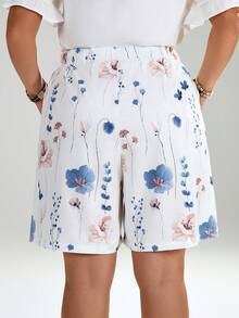 EMERY ROSE Plus Size Summer Floral Print Drawstring Waist Slant Pocket Shorts , Beach Summer For Women - White - View 3