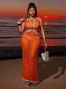 Maweii Sexy Backless Hollow See-Through Beach Gym Vacation Spaghetti Strap Dress With Pearl Trim For Women Brown Summer - Coral Orange - View 2