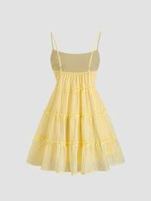 SHEIN Sweetro Đầm nữ mùa hè màu vàng nhạt, dây mảnh, xếp ly nhiều lớp, viền bèo nhún. - Màu vàng - Xem 2