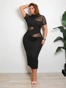 SHEIN SXY 大码女式网纱拼接优雅束腰派对外出连衣裙 - 黑色 - 查看 8