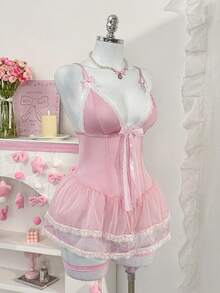 PetitDoll 4件套女士性感芭蕾蕾丝网纱蛋糕裙睡衣套装 - 粉色 - 查看 4