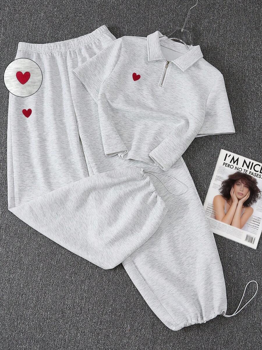 Resyla Conjunto de 2 piezas de top de manga corta con media cremallera y cuello, unicolor bordado + pantalones casuales de cintura elástica, unicolor bordado, adecuado para primavera/verano, elegante atuendo de oficina versátil para mujer - Gris - Ver 1