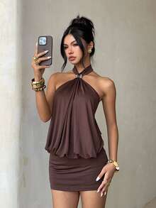 Aloruh Damen Neckholder Sexy Metall Dekor Top, oben locker und unten eng - Braun - Übersicht 7