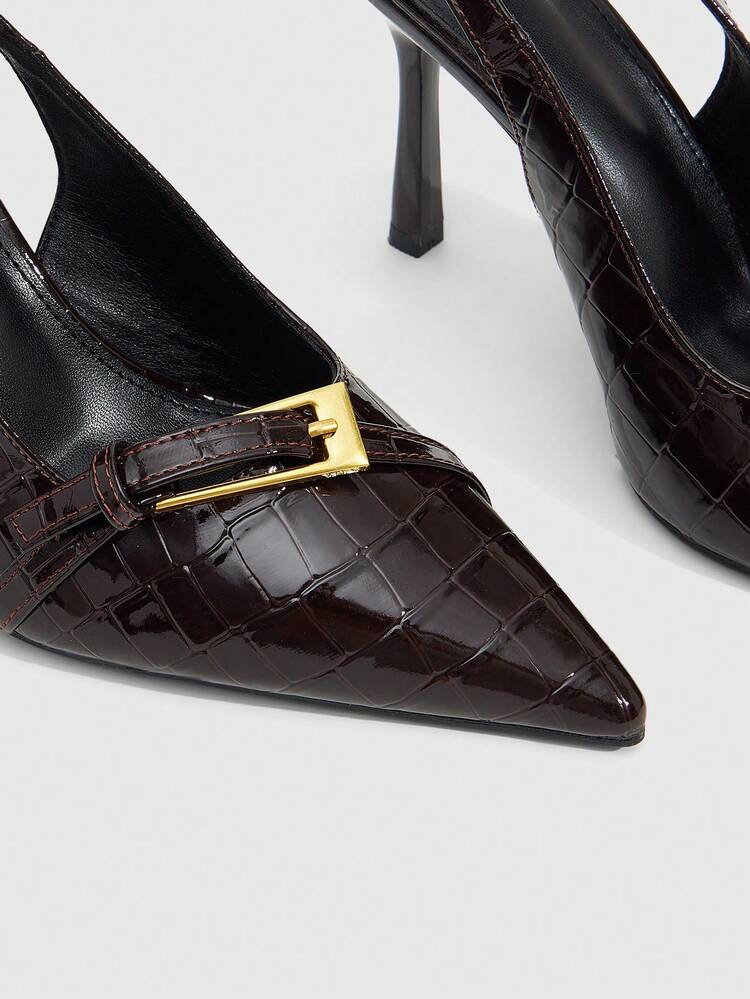 CUCCOO SZL Women Shoes Crocodile Pointed Metal Buckle Strap Stiletto Sandals, Sexy Commuter Temperament Shoes