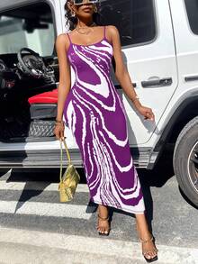SHEIN BamGlam Graphic Print Striped Brush Print Bodycon Dress Split Hem Cami Dress Maxi Women Outfit - Purple - View 3