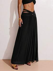 SHEIN BAE Chân váy maxi nữ kiểu dáng bất đối xứng, trang trí kim loại, thích hợp cho các dịp nghỉ dưỡng, ngày Valentine, lễ hội âm nhạc, tụ họp bạn bè, màu đỏ nâu, đi biển. - màu đen - Xem 4