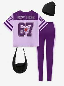 2件套女童休闲时尚创意个性清新简约数字67纽约徽章五角星条纹紫色拼接字母标语印花短袖T恤和打底裤套装，舒适日常穿着，适合春、夏、秋季 - 彩色 - 查看 2