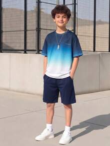 2 pièces/Set Tenue décontractée pour garçons adolescents avec contraste de couleur dégradé, t-shirt à manches courtes de sport et shorts, ensemble de loisirs sportifs pour les déplacements quotidiens et l'exercice - Bleu marine - Voir 1
