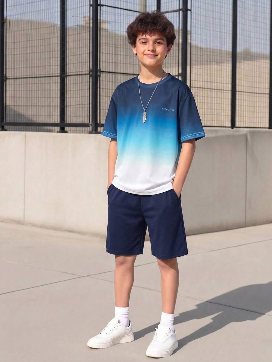 2 pièces/Set Tenue décontractée pour garçons adolescents avec contraste de couleur dégradé, t-shirt à manches courtes de sport et shorts, ensemble de loisirs sportifs pour les déplacements quotidiens et l'exercice - Bleu marine - Voir 1