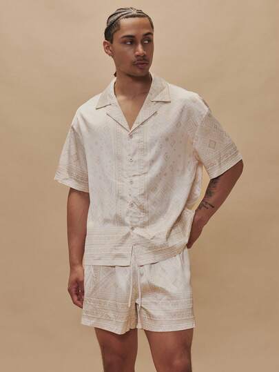 Musero Satin Style Oversized Short Sleeve Dropped Shoulder Revere Collar Button Through All Over Pattern Shirt Spring Summer Essentials Holiday