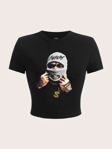Slaydiva Casual Minimalist Dollar Sign Ski Mask Graphic Round Neck Short Sleeve Tight Fit Plus Size Women Summer T-Shirt - Black - View 2