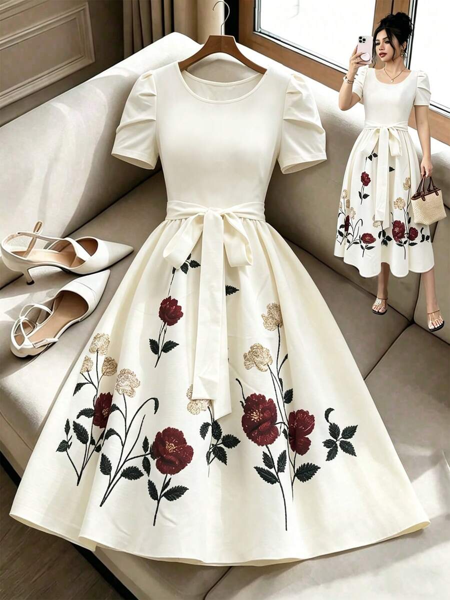 SHEIN Franclia 夏季女士休闲时尚简约百搭修身碎花下摆圆领短袖中长连衣裙 - 杏色 - 查看 1