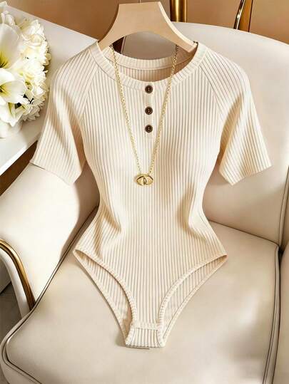 Franclia Women's French-Style Elegant Knitted Apricot Ribbed Fabric, Round Neck, Short Sleeves, Elegant Women's Jumpsuit, Summer Women's Jumpsuit, Summer Outfit, Beach Outfit, Beach Jumpsuit, Outdoor Jumpsuit, Women's Vacation Outfit, Vacation Jumpsuit, Women's Casual Jumpsuit, New Summer Women's JumpsuitGraduation Season Attire, Fashionable Casual Commuter Wear, Business Office Wear, Versatile And Stylish Everyday Casual Wear, Urban Teacher's Professional Attire