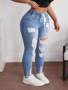 SHEIN ICON 大码女式休闲时尚街头抽绳腰破洞紧身牛仔裤 - 淺色水洗藍 - 查看 1