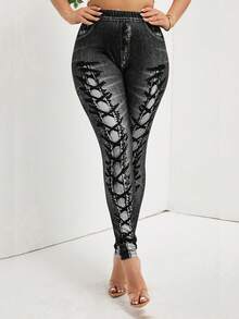 SHEIN Lady Quần legging buộc dây họa tiết ngô co giãn dành cho nữ - màu đen - Xem 8