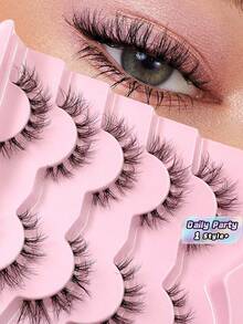 5Pairs ENCHUW Faux Mink Eyelashes Transparent Band Fluffy Natural Lightweight Short Invisible 3D False Eyelashes Set For Women Daily Party Wear - Black - View 1