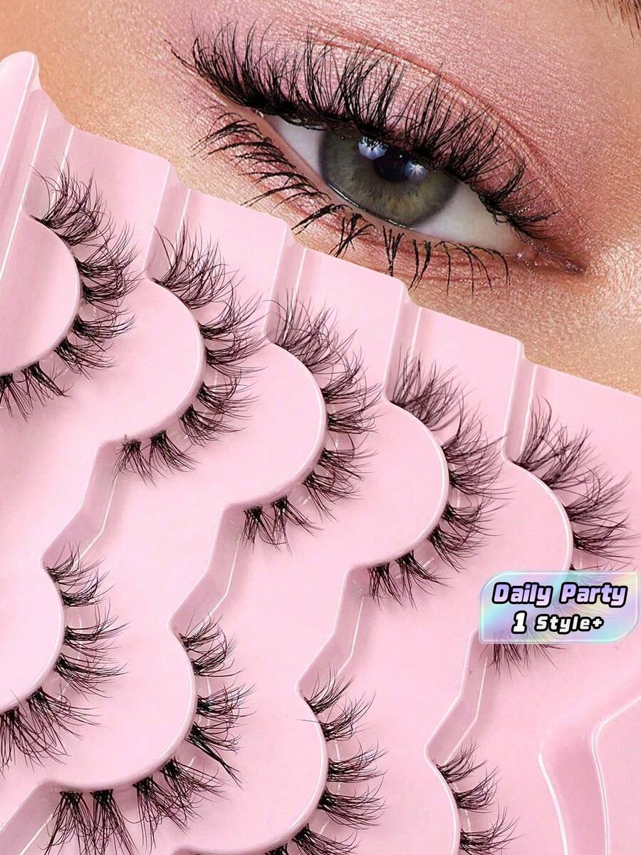 5Pairs ENCHUW Faux Mink Eyelashes Transparent Band Fluffy Natural Lightweight Short Invisible 3D False Eyelashes Set For Women Daily Party Wear - Black - View 1