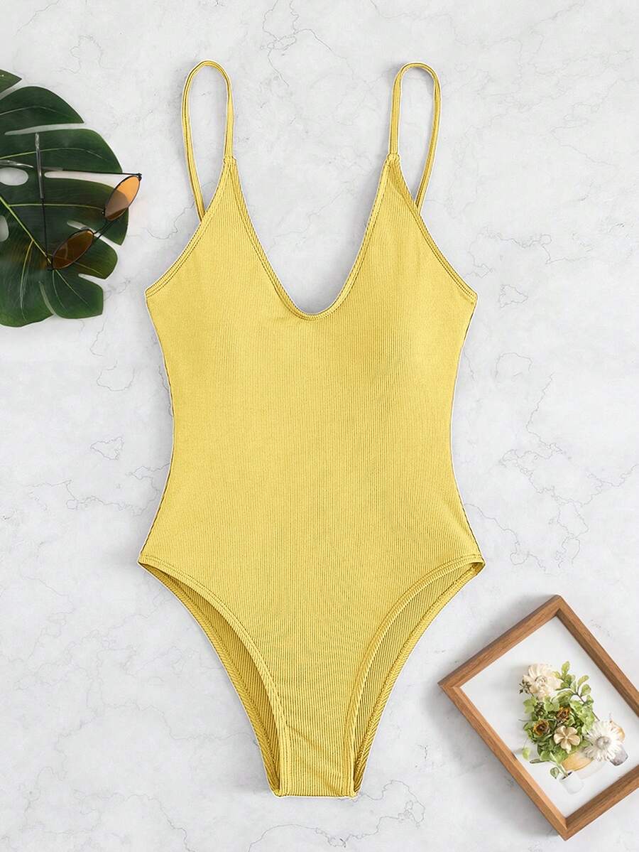 SHEIN Swim 女士纯色吊带连体泳衣，适合海滩度假、泳池派对、沙滩派对 - 黃色 - 查看 1