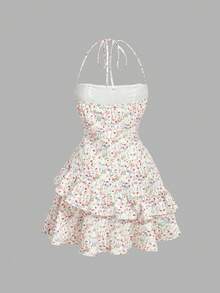 SHEIN MOD Đầm nghỉ mát thanh lịch dành cho nữ, họa tiết hoa, nơ và bèo nhún, cổ yếm. - Nhiều màu - Xem 2