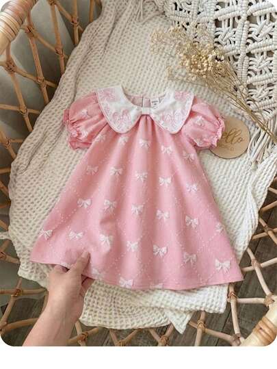 SHEIN 女婴可爱粉色蝴蝶结领短袖连衣裙，夏季