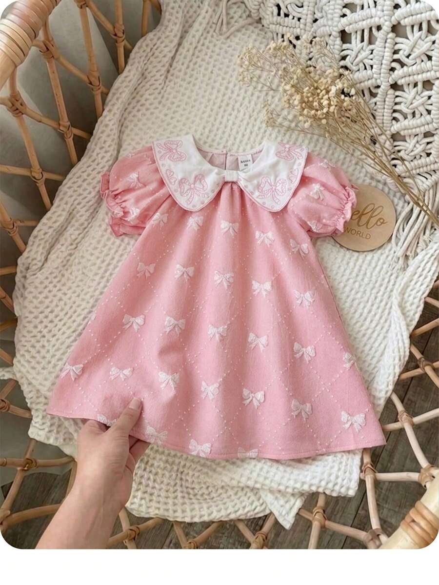 SHEIN Đầm ngắn tay màu hồng dễ thương cho bé gái, cổ nơ, thích hợp cho mùa hè. - Hồng - Xem 1