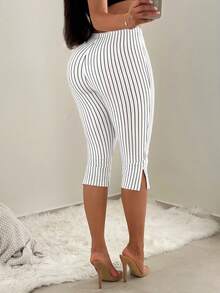 SHEIN SXY Quần legging lửng 7/8 cạp cao, họa tiết kẻ sọc, xẻ tà kim loại. - Đen và trắng - Xem 3