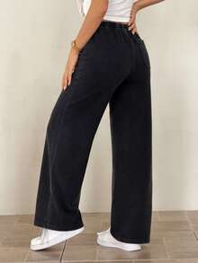 SHEIN PETITE Solid Color Elastic Waist Slim Fit Washed Black Wide Leg Pants - Black - View 3