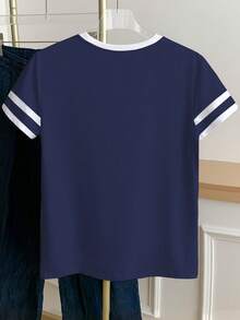 Resyla Camiseta de manga corta de cuello redondo con bloqueo de color, informal y de verano, talla grande - Blanco - Ver 2