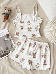 SHEIN Tween Girl Minimalist Cute Bear Print Ribbon Ruffle Decor Camisole & Shorts Comfy Casual White Fitted Pajama Set, 2pcs - White - View 3
