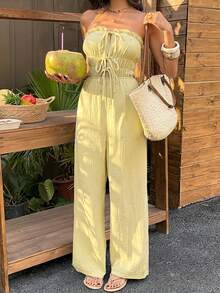 Sunnyshic Bộ jumpsuit nữ màu xanh nhạt không dây vai, xếp nếp, lưng thun co giãn cao, dáng ôm, ống rộng, gợi cảm và thanh lịch kiểu nghỉ dưỡng biển. - Màu Mù tạt vàng - Xem 3