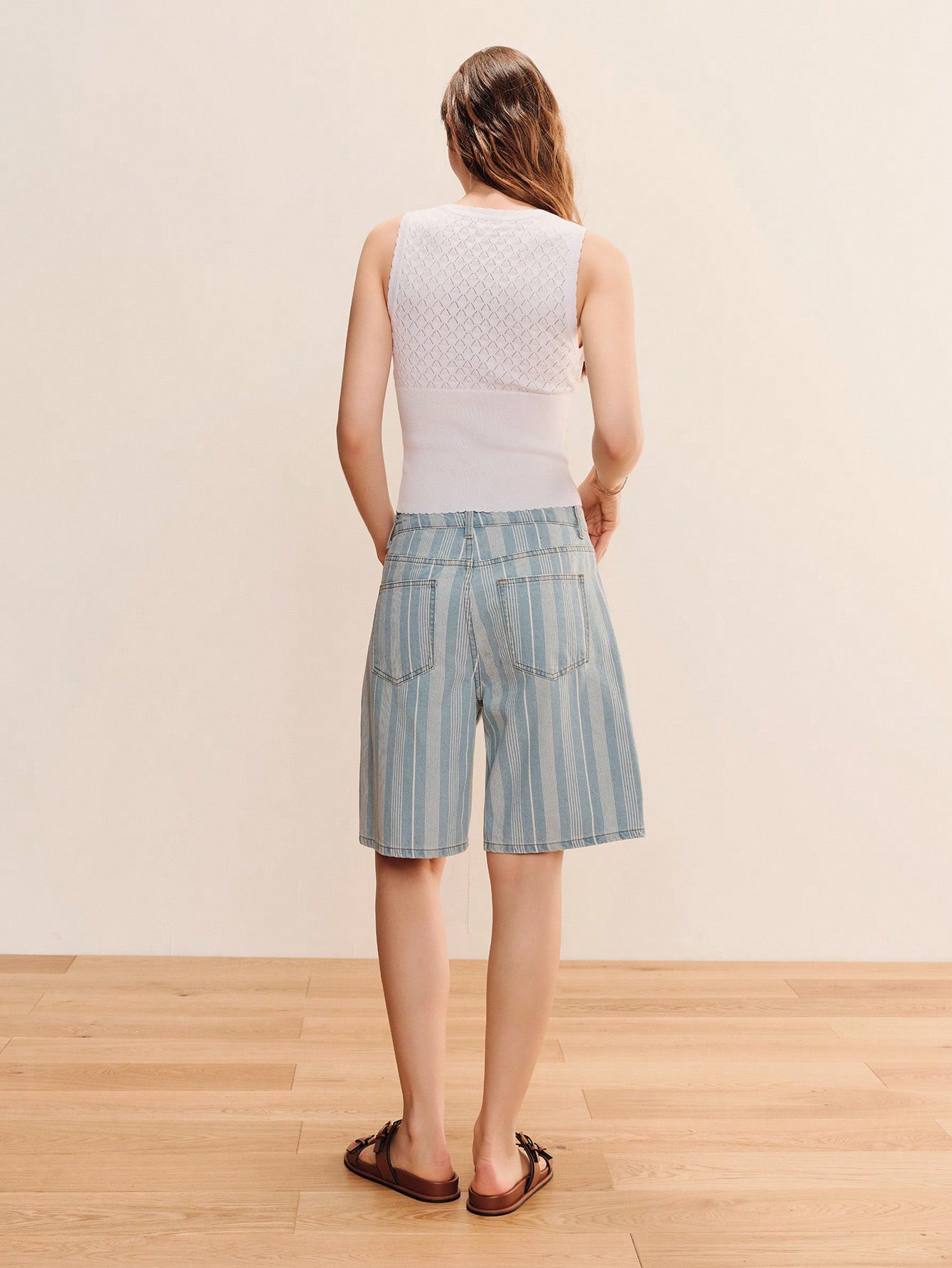 Light Blue Striped Loose Fit Bermuda Denim Shorts Spring Summer Vintage Style French Style Cotton Shorts Holiday Outfit Chic Outfit