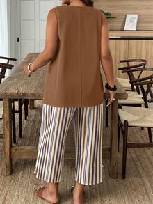 Weeklong Plus Size Women's V-Neck Irregular Hem Sleeveless Blouse And Solid Color Capri Pants 2 Pieces Set, Spring/Summer - Multicolor - View 2
