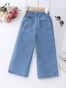 SHEIN Genkimix Kids 四季新款浅蓝色水洗牛仔阔腿裤，松紧腰设计，宽松直筒休闲长裤，美式复古日系高街重磅牛仔面料，修身百搭，适合日常穿着、度假、音乐节等场合。 - 中等水洗藍 - 查看 3