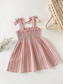 SHEIN Girls' Sleeveless Apricot Pleated Dress With 3D Floral Design, Elegant Princess Style Suitable For Casual, Vacation And Party Occasions - Pink - View 3