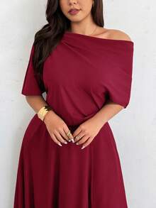 Firerie Plus Size Women's Fashionable Solid Color Off-Shoulder Long Dress - Red - View 3