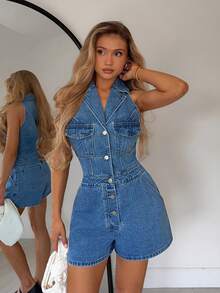 TRNVIE Bộ jumpsuit denim cổ ve áo phong cách thường ngày, thời trang, thích hợp cho kỳ nghỉ. - Rửa trung bình - Xem 4