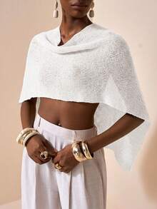Zivah Sexy Shawl Versatile Knit Poncho Shawl, Spaghetti Strap Vacation Style V-Neck Asymmetric Shoulder Design Top - White - View 3