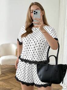 SHEIN LUNE 两件套加大码女式拼接波浪纹带返校套装，女式修身短袖上衣和短裤，适合秋季返校节、商务休闲等各种场合，适合身材丰满的女性。 - 白色 - 查看 8