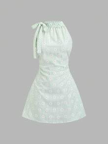 Sweetra Đầm chữ A xếp ly không tay màu hồng kẻ caro kiểu Sweet Girl Style, thắt nơ eo, thích hợp cho nữ mùa hè. - màu xanh lá - Xem 1