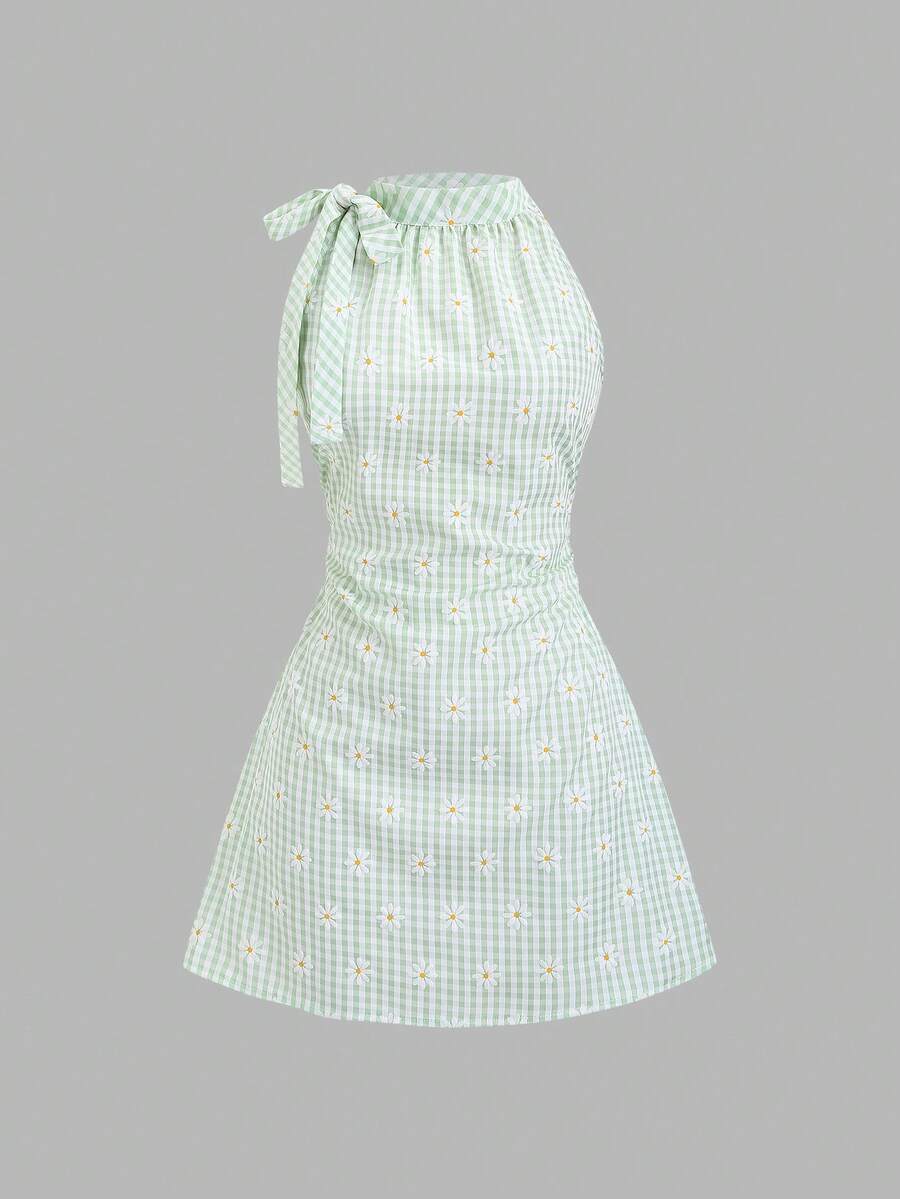 Sweetra Đầm chữ A xếp ly không tay màu hồng kẻ caro kiểu Sweet Girl Style, thắt nơ eo, thích hợp cho nữ mùa hè. - màu xanh lá - Xem 1
