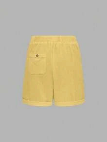 SHEIN EMERY ROSE CURVE Plus Size Washed Cotton Cinched Waist Backpocket Button Decor Short Casual Top - Yellow - View 2