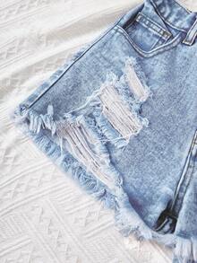 SHEIN Celana Pendek Jeans Denim Pinggang Tinggi Sobek dengan Ujung Kasar Gaya Y2K untuk Remaja Perempuan, Cocok untuk Liburan Musim Semi dan Musim Panas, Celana Pendek Pantai Gaya Boho untuk Liburan Musim Panas, Celana Pendek Kasual untuk Konser, Festival, dan Pesta Musim Panas, Cocok untuk Acara Makan Siang Musim Panas dan Wisuda. - Light Wash - View 3
