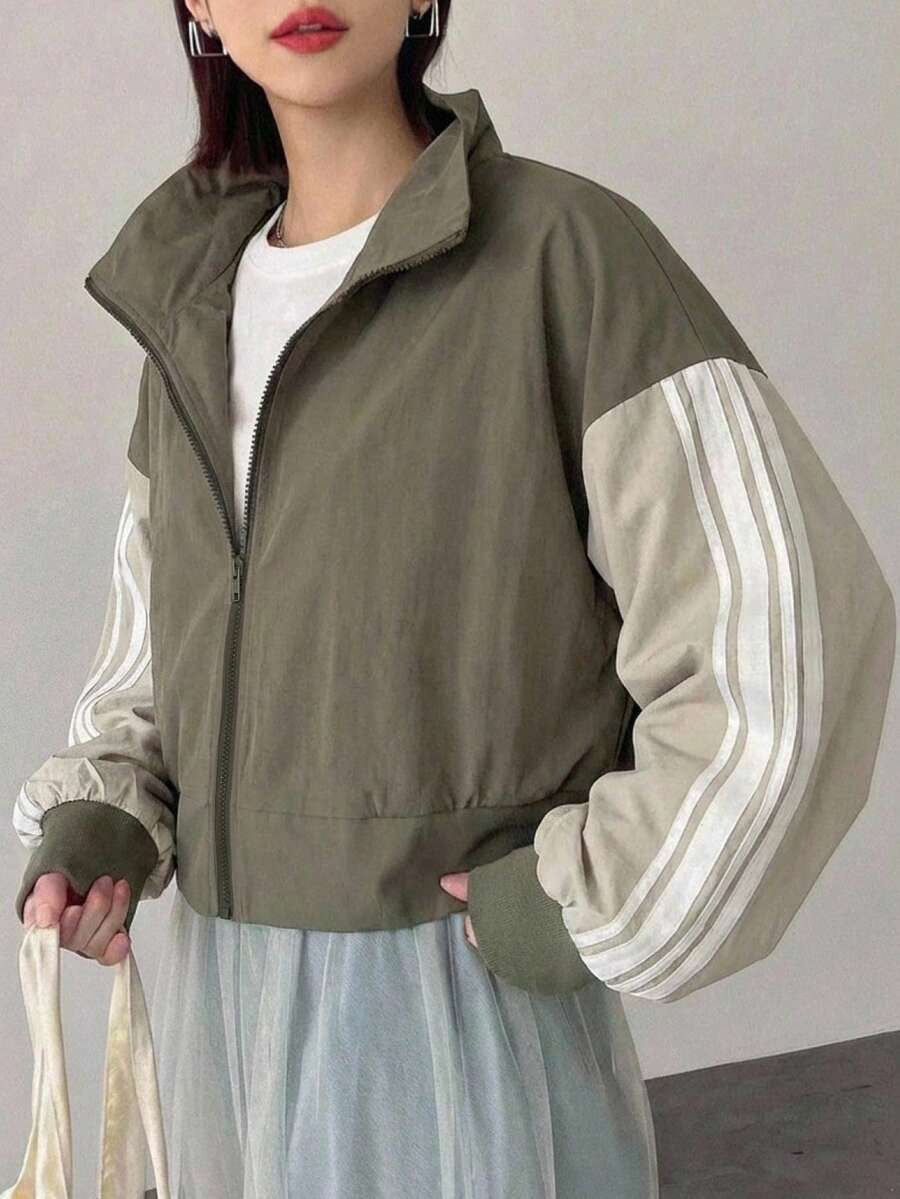 FRIFUL 女士休闲宽松撞色夹克 - 綠色 - 查看 1