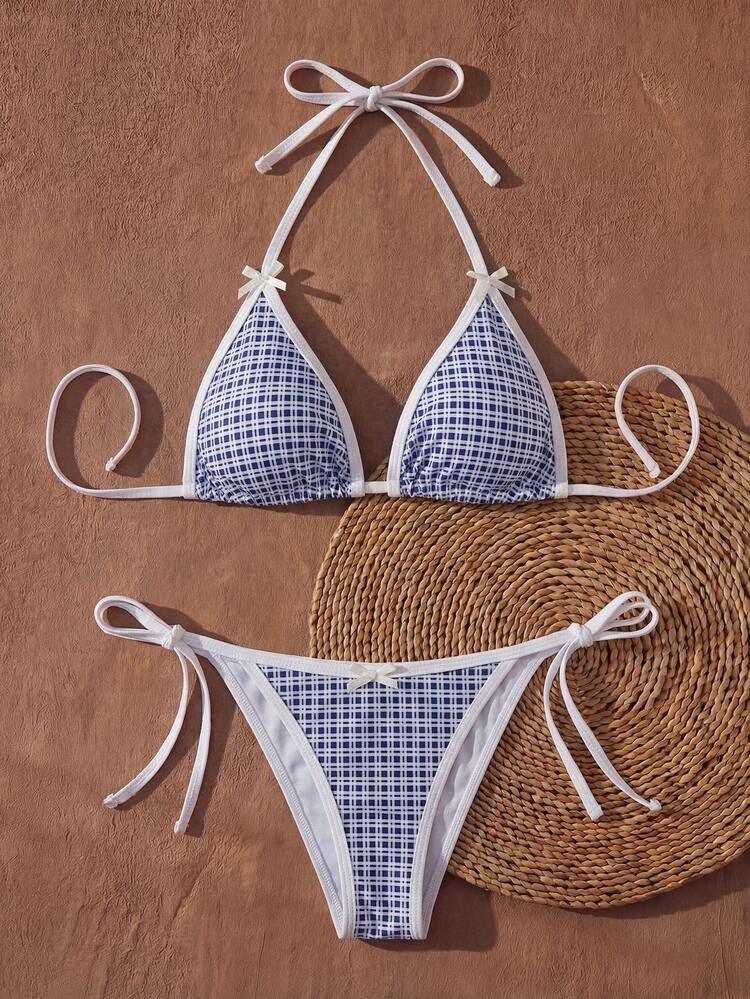 Women's Summer Beach Plaid Bow Decor Halter Tie Sexy Bikini Swimsuit Set