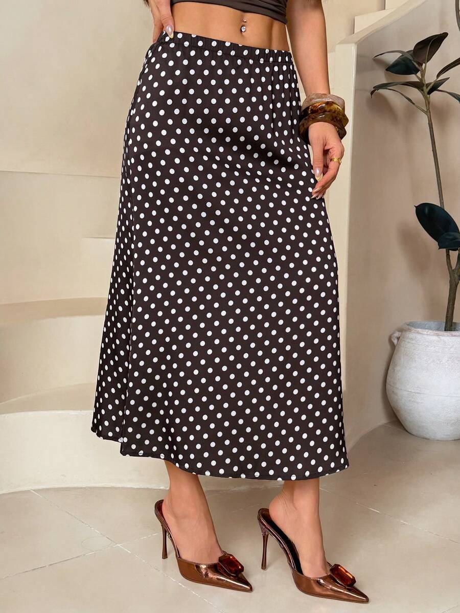 SHEIN PETITE Chân váy dài dáng đuôi cá chấm bi màu nâu cà phê bằng vải satin, thanh lịch dành cho nữ, thích hợp cho năm mới và tiệc tùng. - màu nâu - Xem 1