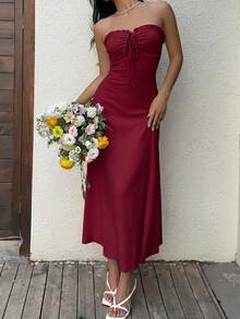 Sunnyshic Women's Casual Textured Front Drawstring Dress, Summer - Burgundy - View 3