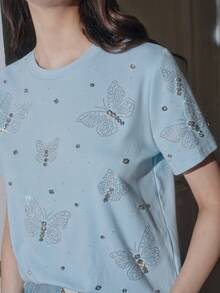 Anewsta Camiseta azul elegante de mujer con cuello redondo, manga corta y mariposa de diamante de imitación - Azul - Ver 4