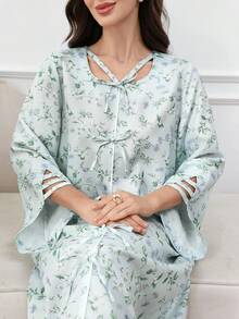 Al Najma 女士休闲度假风印花喇叭袖宽松土耳其长裙，春秋季 - 綠色 - 查看 6
