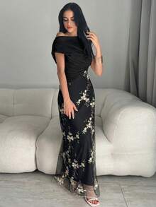 Modelyn 婚礼季、春夏休闲优雅通勤、日常约会、生日派对、办公室着装、简约小礼服、闺蜜聚会、小型宴会、派对、露肩褶皱网纱面料、刺绣花朵、拼接针织面料、杏色长裙、A字裙、女士长裙 - 黑色 - 查看 5