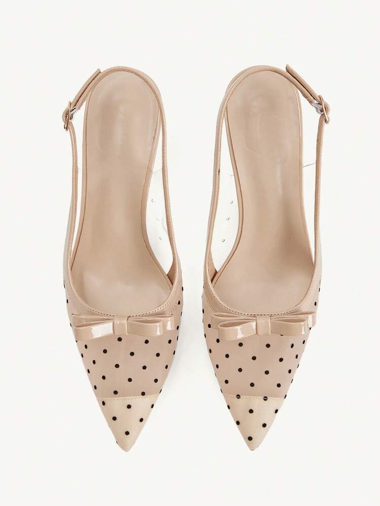 CUCCOO CHICEST Women Shoes Pointed Stiletto Apricot Polka Dot Mesh Bow Fashionable And Elegant Daily Versatile Women's High Heel Shoes Slingback Shoes Temperament Fashionable And Sexy Party Women's Shoes